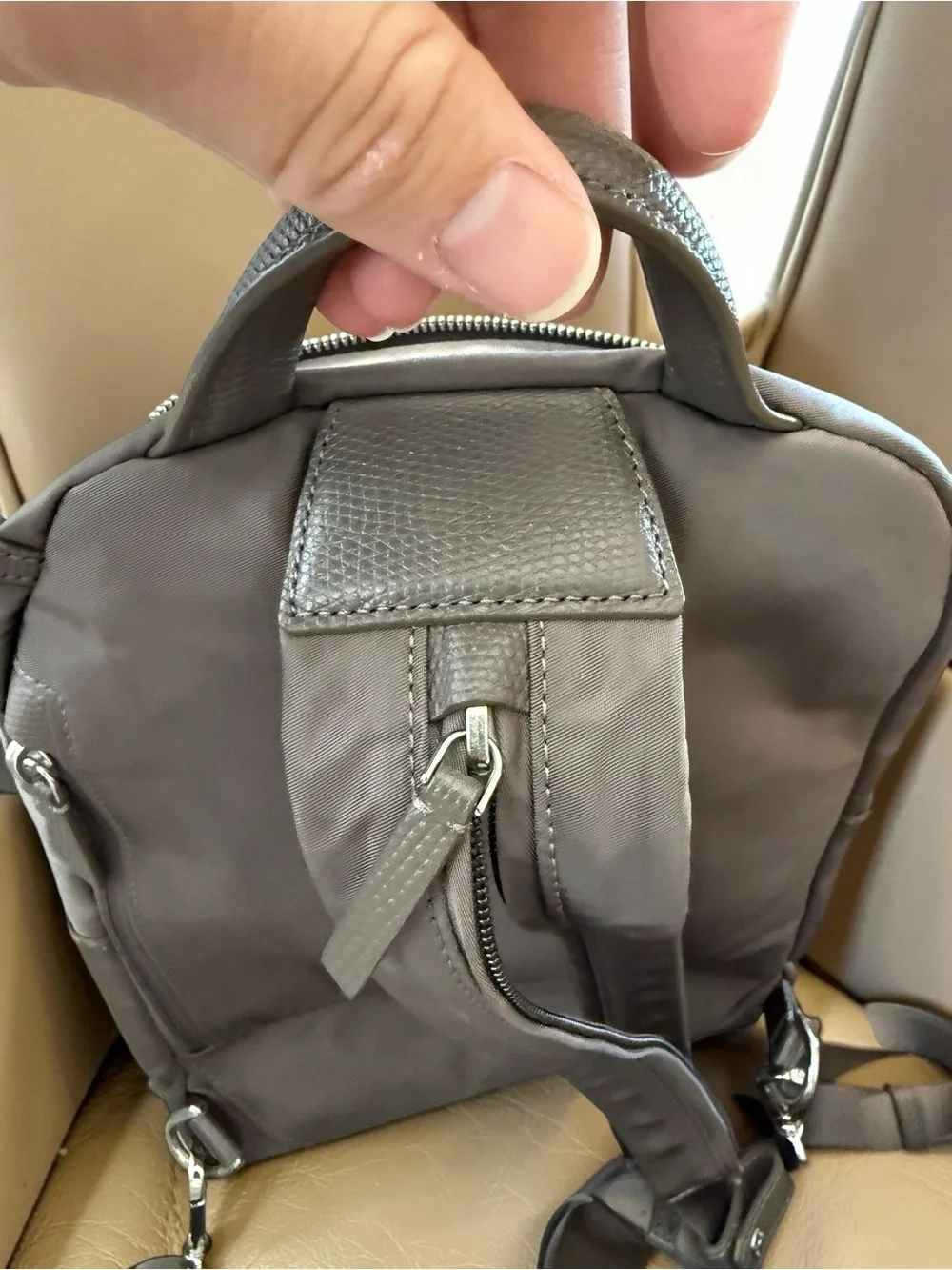 TUMI Voyageur Halle Backpack Nylon Leather Taupe Grey Travel Work Bag E517